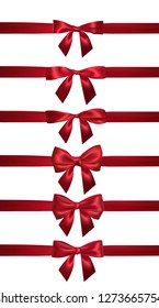 Realistic red bow with horizontal red ribbons isolated on white. Element for decoration gifts, greetings, holidays. Vector illustration.