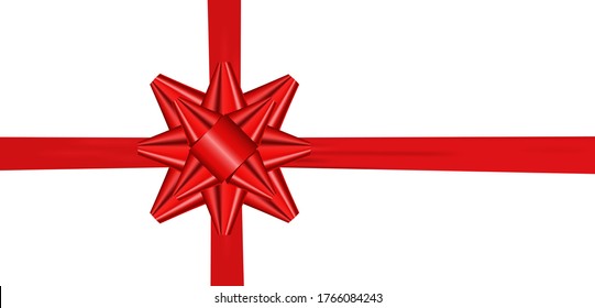 Realistic Red bow with horizontal and vertical ribbon shiny satin for decoration gifts, greetings, holidays. Stock vector illustration isolated on white background.