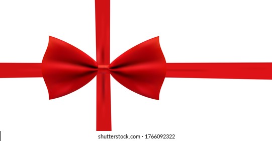 Realistic Red bow with horizontal and vertical ribbon shiny satin for decoration gifts, greetings, holidays. Stock vector illustration isolated on white background.