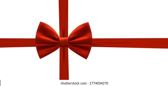 Arco rojo realista con satén brillante de lazo horizontal y vertical para regalos de decoración, saludos, vacaciones. Ilustración vectorial de material aislada en fondo blanco.