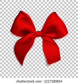 Realistic red bow isolated on transparent background. Template for brochure or greeting card. Vector illustration.