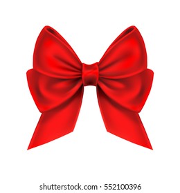 Realistic red bow isolated on white background. Shiny satin ribbon on white background. Vector bow. Red bow and red ribbon.