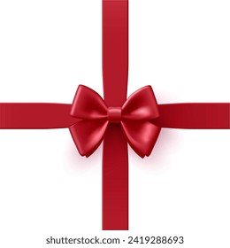 Realistic red bow with ribbon 3D. Top view, on a white background. For holiday, Christmas, and birthday gift ideas. Vector illustration