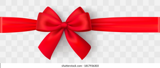 Realistic red bow and ribbon. Christmas shiny red satin ribbon. New year gift. Decorative red satin ribbon and bow with shadow on transparent background - stock vector.