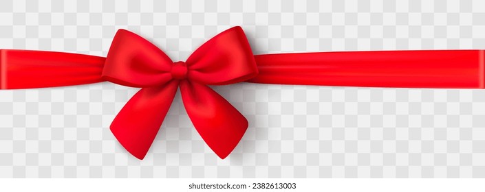 Realistic red bow and ribbon. Christmas shiny red satin ribbon. New year gift. Decorative red satin ribbon and bow with shadow on transparent background - stock vector.