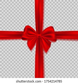 Realistic red bow with ribbon. Element for decoration gifts, greetings, holidays. Realistic red bow isolated on transparent background