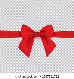 Realistic red bow and ribbon isolated on transparent background. Template for greeting card, poster or brochure. Vector illustration.