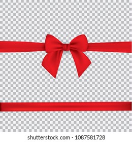 Realistic red bow and ribbon isolated on transparent background. Template for greeting card, poster or brochure. Vector illustration.