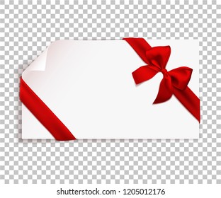 Realistic red bow and ribbon isolated on transparent background. Template for brochure or greeting card. Vector illustration.