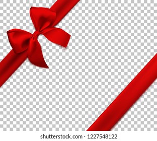 Realistic red bow and ribbon isolated on transparent background. Template for brochure or greeting card. Vector illustration.