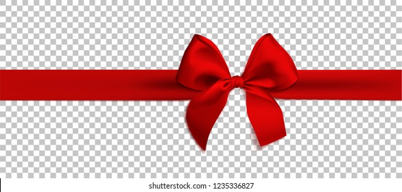 Realistic red bow and ribbon isolated on transparent background. Template for brochure or greeting card. Vector illustration.