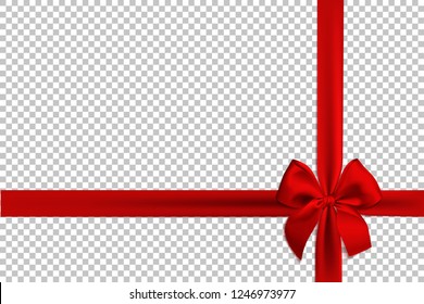 Realistic red bow and ribbon isolated on transparent background. Template for brochure or greeting card. Vector illustration.