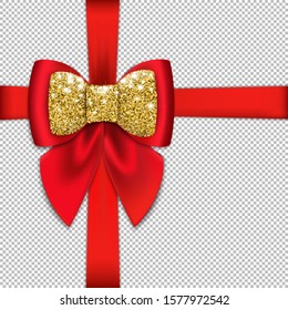 Realistic  red bow and ribbon isolated on a transparent background. With a bright shiny glitter. Mockup for greeting card, brochure or poster. Vector  stok illustration.