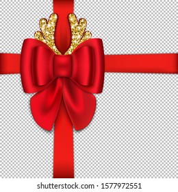 Realistic red bow and ribbon isolated on a transparent background. With shiny decorative horns, a symbol of the New Year and Christmas. Mockup for a greeting card, brochure or poster. Vector  