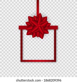 Arco rojo realista y cinta aislada en un fondo transparente. Plantilla para tarjeta de saludo, cartel o folleto.