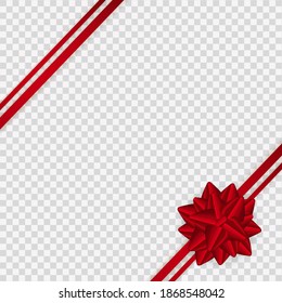 Realistic red bow and ribbon isolated on transparent background. Template for greeting card, poster or brochure.