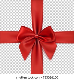 Realistic red bow and ribbon isolated on transparent background. Template for greeting card, brochure or poster. Vector illustration.