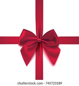 Realistic red bow with ribbon isolated in white background. Decoration for a gift box, greeting cards. Vector illustration.