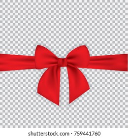 Realistic red bow and ribbon isolated on transparent background. Template for brochure or greeting card. Vector illustration.