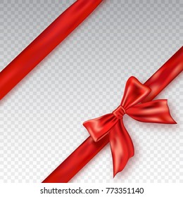 Realistic red bow and ribbon isolated on checkered background. Template for greeting card, poster or brochure. Vector illustration.