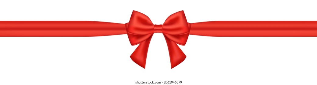 Realistic red bow with ribbon on isolated background. Christmas satin bow. Festive New Year decorations. Vector EPS 10