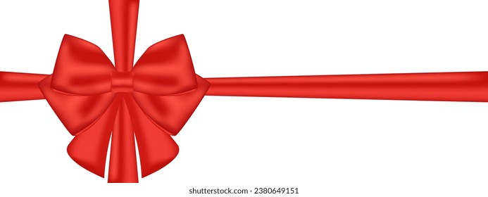 Realistic red bow with ribbon on transparent background. Christmas satin bow. Festive New Year decorations. Vector EPS 10