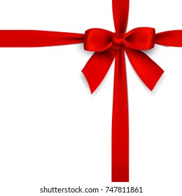 Realistic red bow and ribbon with shadow on white background vector illustration