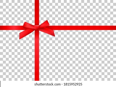 Realistic red bow with ribbons on package. Front view on transparent background.