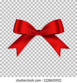 Realistic red bow shiny satin for decorative your christmas card or websit,vector isolated with shadow on transparent background.