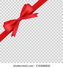 Realistic Red bow and shiny satin ribbon for decoration gifts, greetings, holidays. Stock vector illustration isolated on transparent background.