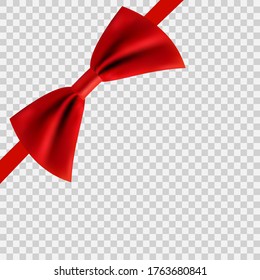 Realistic Red bow and shiny satin ribbon for decoration gifts, greetings, holidays. Stock vector illustration isolated on transparent background.