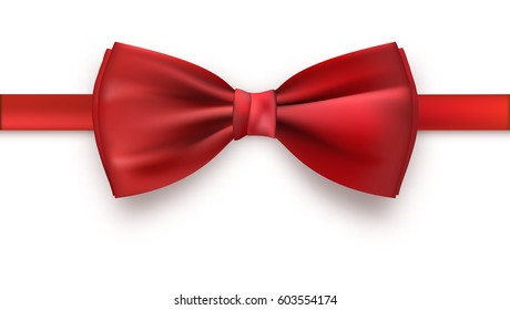 Realistic red bow tie, vector illustration, isolated on white background. Elegant silk neck bow.
