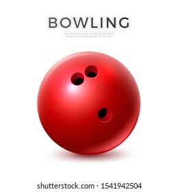 Realistic red bowling ball with holes for fingers. Vector bolwing competition and tournament design element. Sphere sport equipment.