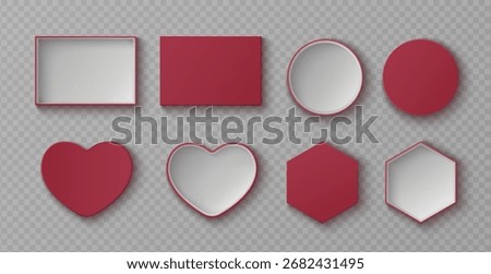 Realistic red box mockup shapes from top perspective - rectangular, circular, heart and hexagonal containers with white interiors. Gift packaging templates for holiday or valentine presentations.