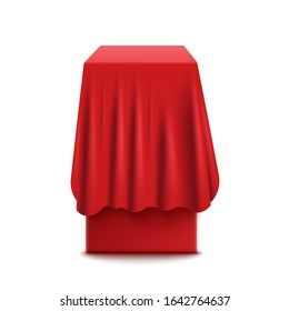 Realistic red box or stand with a fabric cover for curtains of silk or satin. Mystical gift and surprise, hidden secret for presentation, isolated vector illustration with fabric and cloth cover.