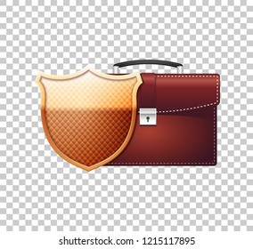 Realistic red briefcase with security golden shield isolated object on transparent background. Business security concept. Vector Illustration