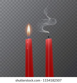 Realistic red candle, Burning red candle and an extinct candle on dark background, vector illustration