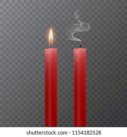 Realistic red candle, Burning red candle and an extinct candle on dark background, vector illustration