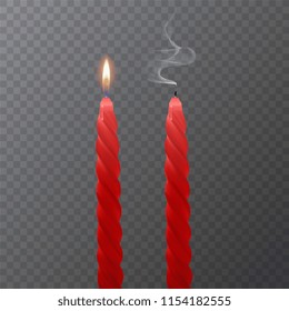 Realistic red candle, Burning red candle and an extinct candle on dark background, vector illustration