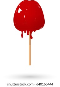 Realistic red candy apple on a wooden stick isolated at white background. Sweet bright dessert vector illustration.