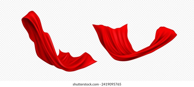 Realistic red cape and cloak floating in air on transparent background. Scarlet cloth sheet blows in wind. Vector illustration set of fabric ribbon or curtain drapery flying in flow and wave.