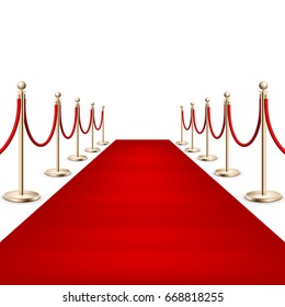 Realistic Red carpet between rope barriers on ceremonial vip event. Isolated on white. And also includes EPS 10 vector