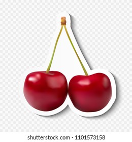 Realistic red cherry icon. Cherry on paper with shadow. Vector simbol eps10