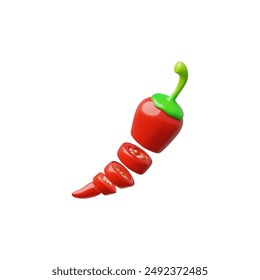 Realistic red chili pepper in 3D vector art cut into round pieces. The cartoon style illustration is ideal for recipe websites that promote healthy eating. Set on a white isolated background.