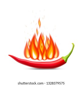 Realistic red chili pepper with fire. Vector illustration isolated on white background. Ready for your design. EPS10.	