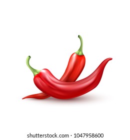 Realistic red chili peppers. 3d hot fresh vegetables, mexican chili symbol. Spicy ripe paprika, cinco de mayo holiday object. Organic food, condiment. Vector illustration on isolated white background