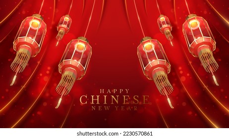 Realistic red chinese new year lanterns with gold curve lines elements and glitter light effects decoration and bokeh. 3d luxury style background. Vector illustration.