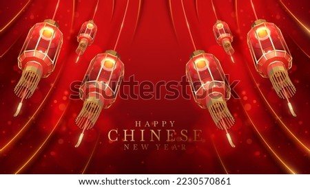 Realistic red chinese new year lanterns with gold curve lines elements and glitter light effects decoration and bokeh. 3d luxury style background. Vector illustration.