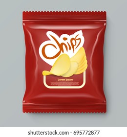 Realistic Red Chips Package With Label Template. EPS10 Vector
