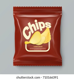 Realistic Red Chips Package With Label Template. EPS10 Vector